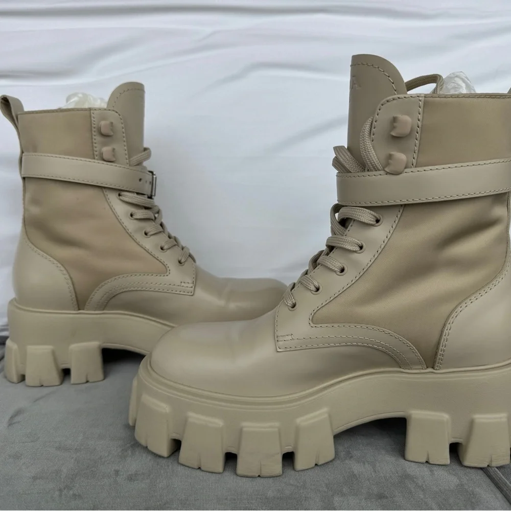 Prada Beige Monolith Combat Boots Leather & Re-Nylon With Pouch | Size 36 - Picture 4 of 10